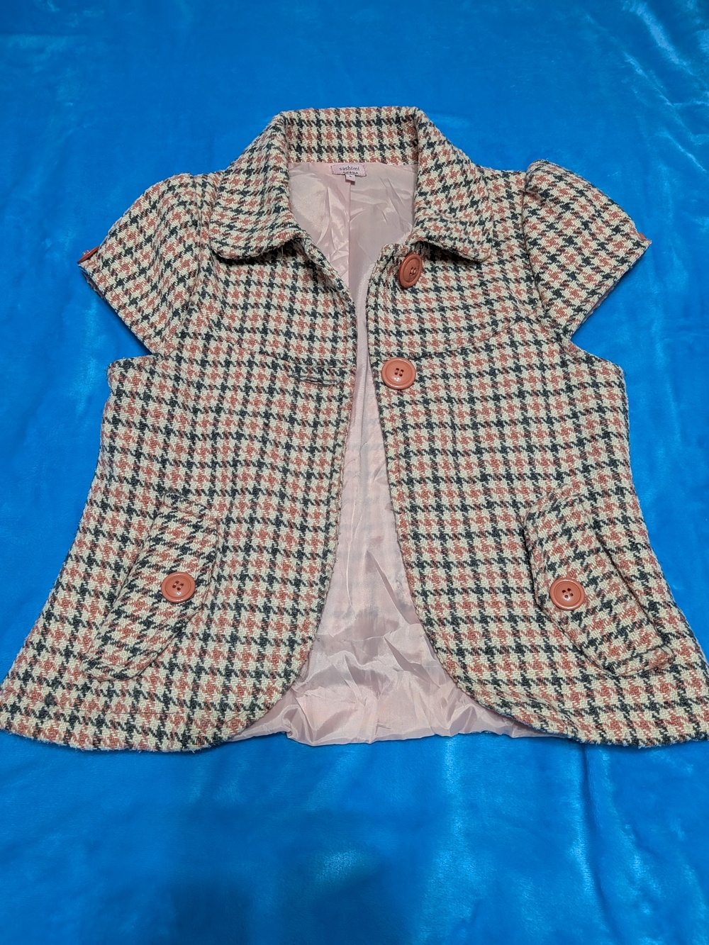 🖤 Pink, Cream & Black Houndstooth Short Sleeve Jacket 💗